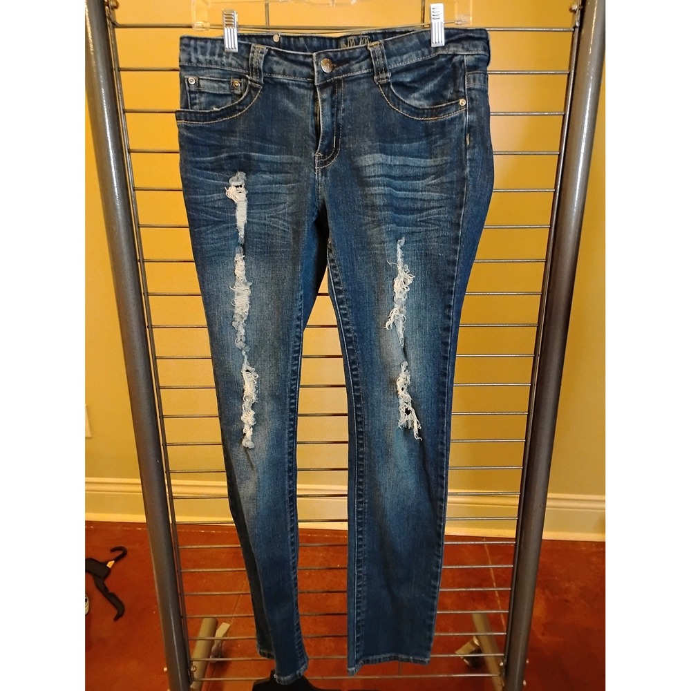 Red Rivet Distressed Skinny Jeans Medium Wash Ripped Denim Womens Size 13